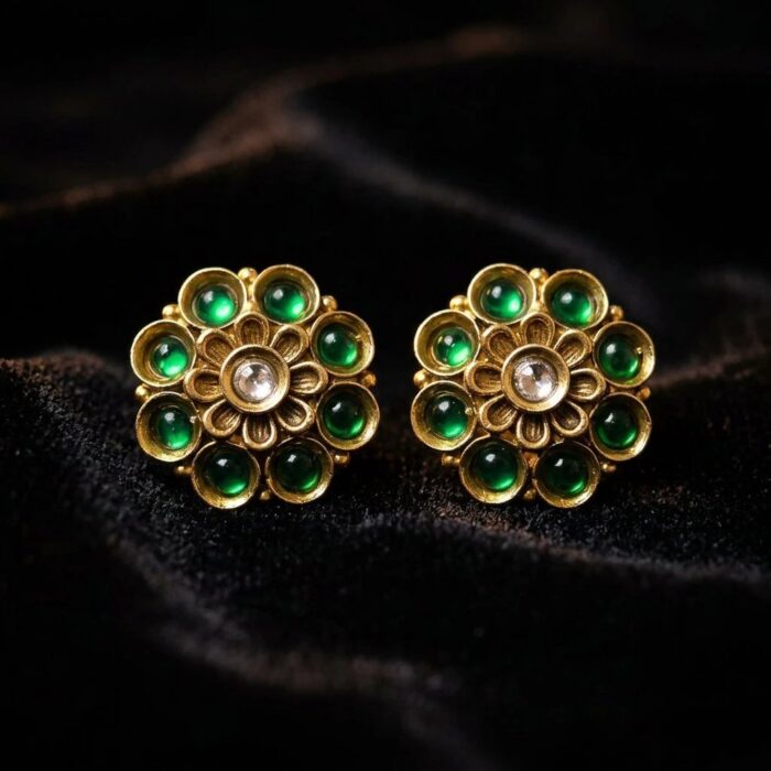 Rajkot Gold-Plated Royal Green Ear Studs - Image 5
