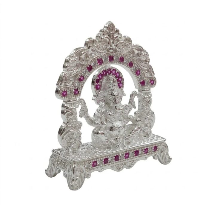Pure Silver Lord Ganesha Idol with Ruby Accents - Image 2