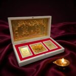 Open view of Lakshmi Ganesh gold plated gift box showing Charan Paduka
