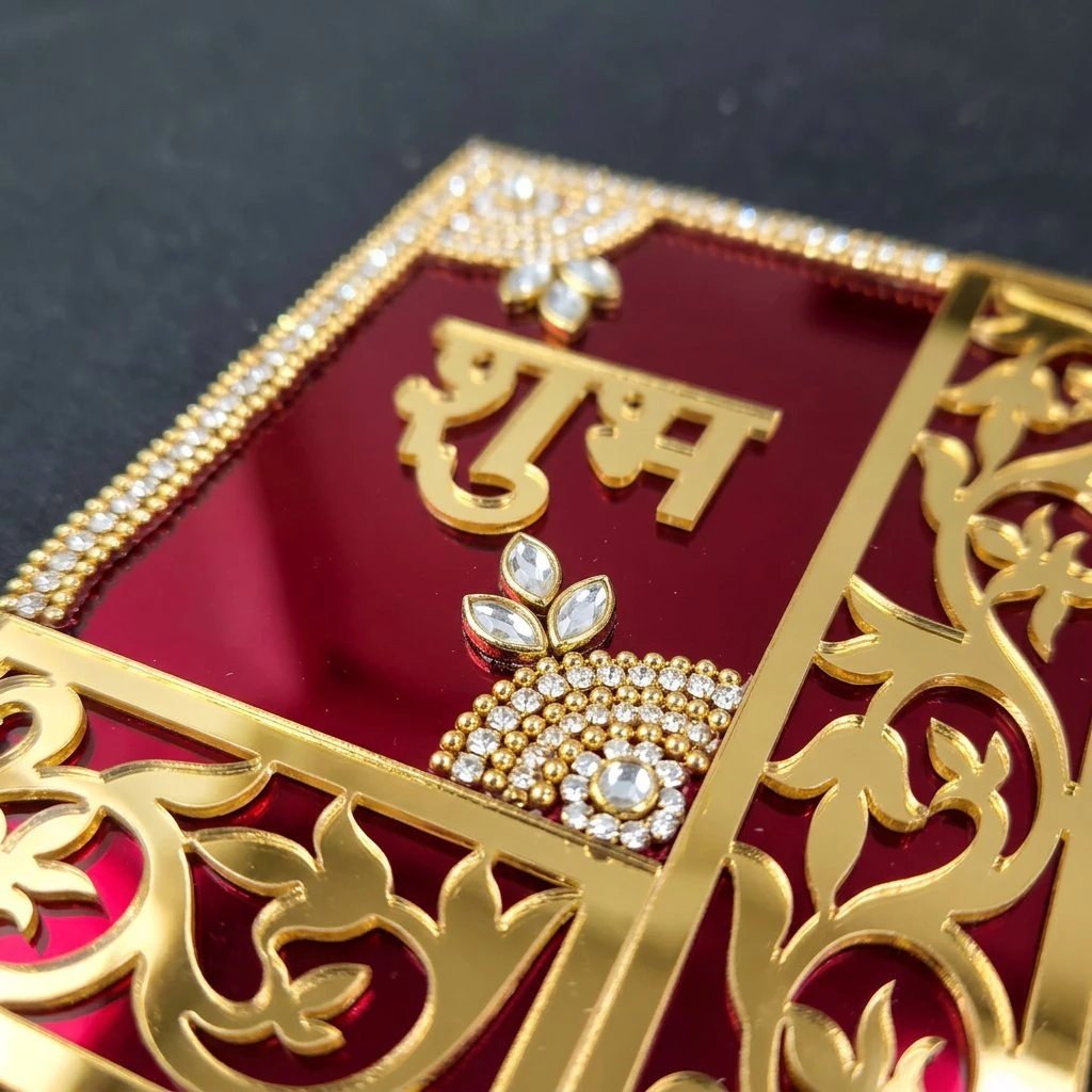 Red Acrylic Shubh Labh Close up on the Red Shubh labh on Acrylic sheet