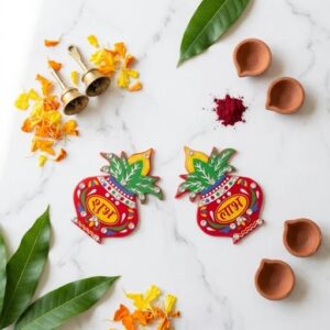 Acrylic Shubh labh being used as center pieces in a marigold rangoli for Diwali Decoration