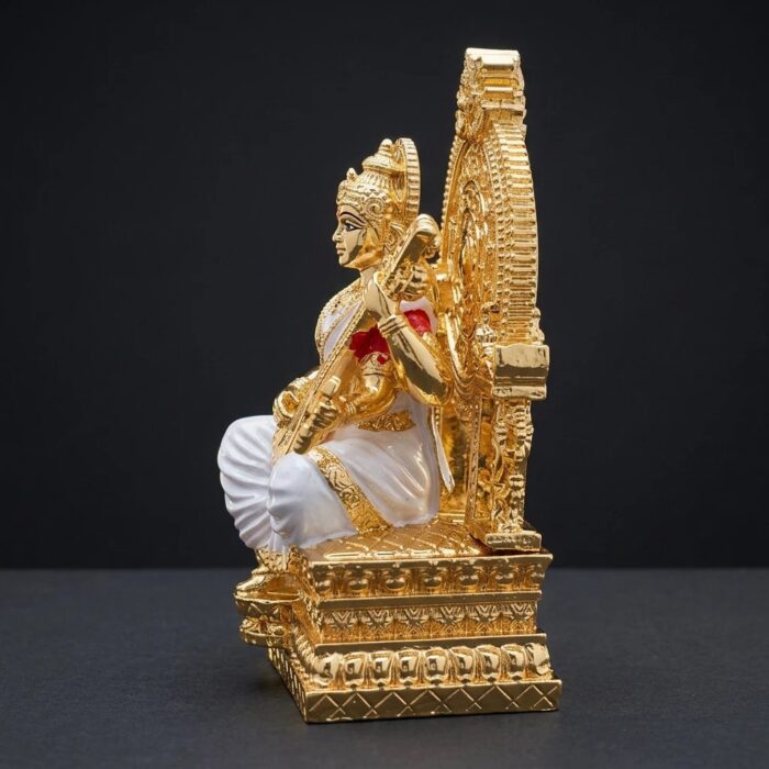 Gold Plated Saraswati Idol - 4 inches | Surya Throne - Image 3
