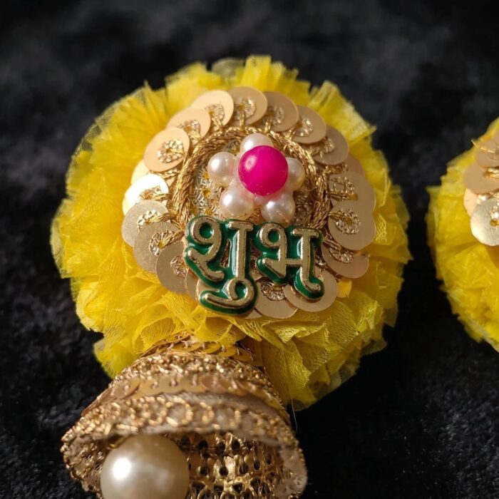 Close up of Marigold Shubh Labh hangings