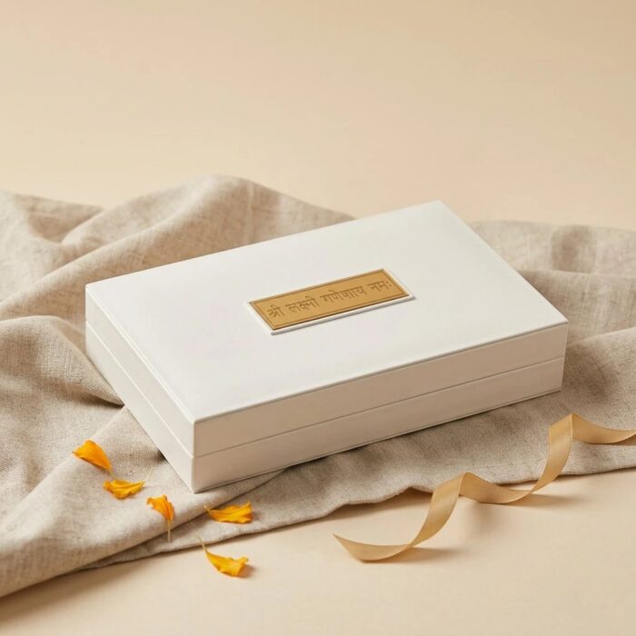 Close view of Lakshmi Ganesh gold plated gift box showing Charan Paduka