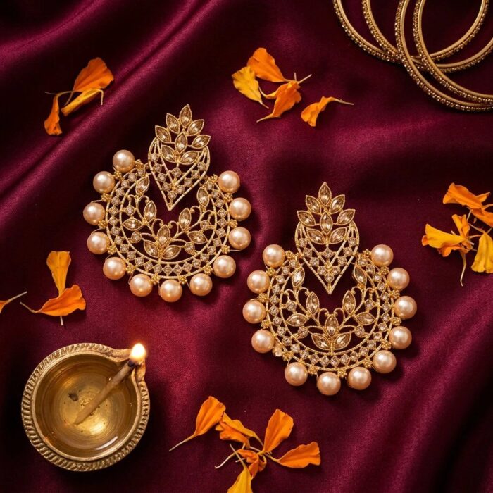 Gehna chandbali earrings styled on maroon silk with marigold petals and brass diya