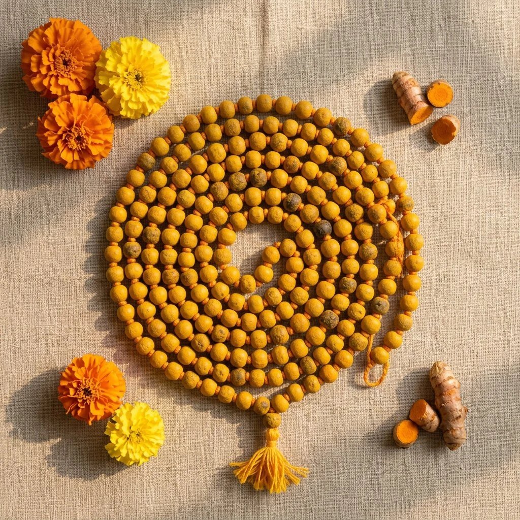 05-flatlay-linen.webp Sacred Original Haldi (Turmeric) Japa Mala | Prayer & Meditation Beads - Image 1