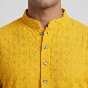 Yellow Party wear kurta for Men | Cotton Kurta with Sequin and embroidery work