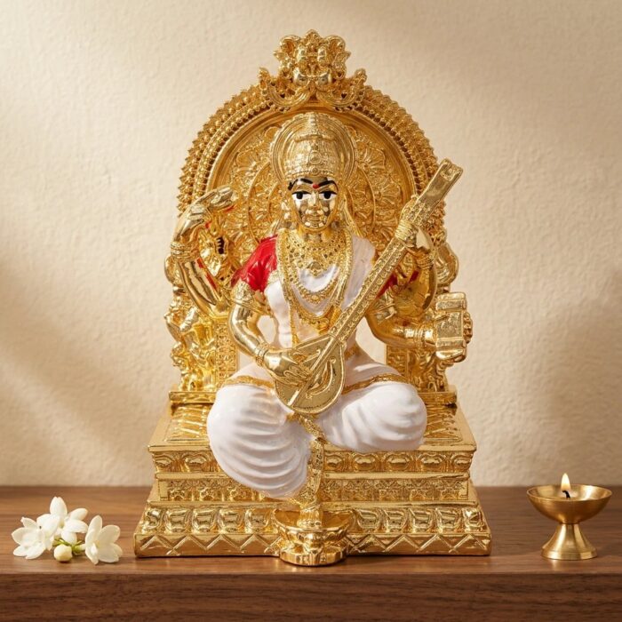 Gold Plated Saraswati Idol - 4 inches | Surya Throne - Image 8
