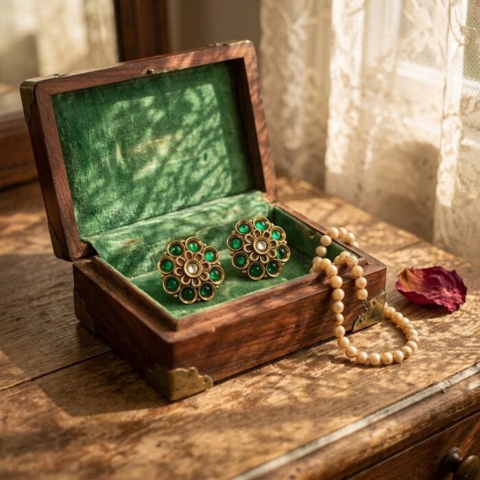 Rajkot Gold-Plated Royal Green Ear Studs - Image 7