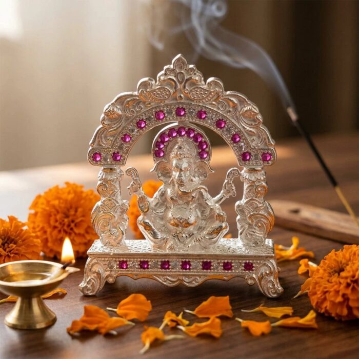 Pure Silver Lord Ganesha Idol with Ruby Accents - Image 3