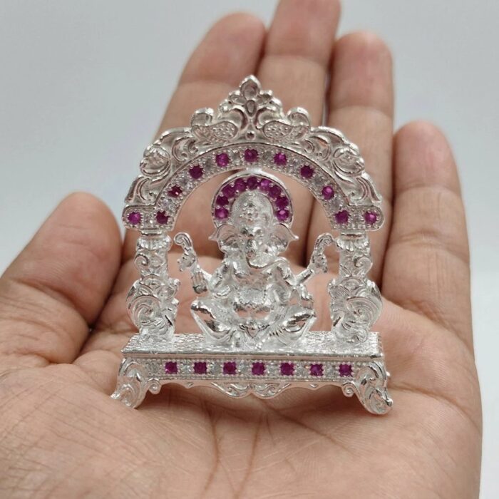 Pure Silver Lord Ganesha Idol with Ruby Accents - Image 4