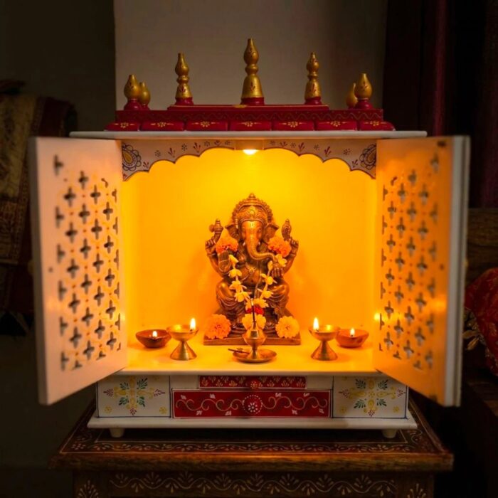 Wooden Mandir for Home | Red - Golden with Doors  - 24 in x 29 in x 12in - Image 2