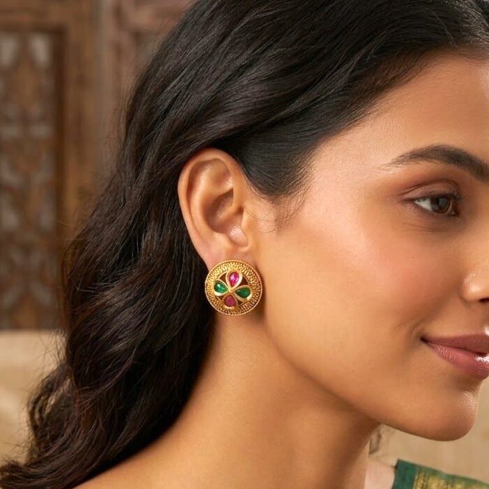 Rajkot-Crafted Gold-Plated Stone Ear Studs - Image 3