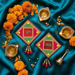 Red Acrylic base with handpasted bead work Shubh Labh