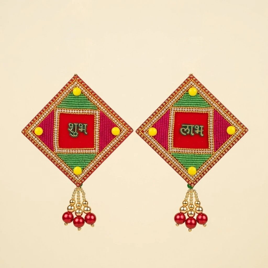 Red Acrylic base with handpasted bead work Shubh Labh Handcrafted bead work on Acrylic Shubh Labh