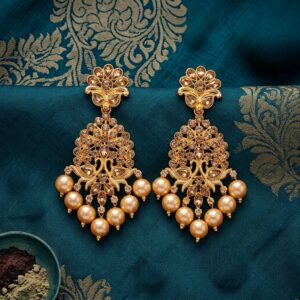 Gold-tone festive chandelier earrings on teal patterned fabric | Indian Fashion Jewelry