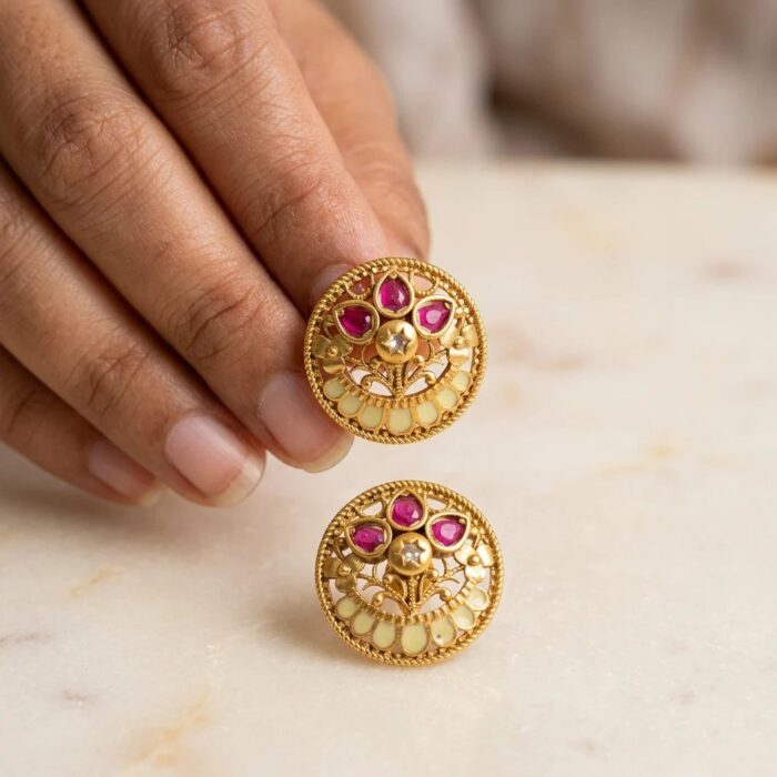 Rajkot Ruby & Diamond Gold-Plated Studs - Image 4