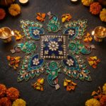 Reusable metal rangoli decoration with gold-tone details and kundan accents for this Diwali home decor | Kundan Metal Rangoli set