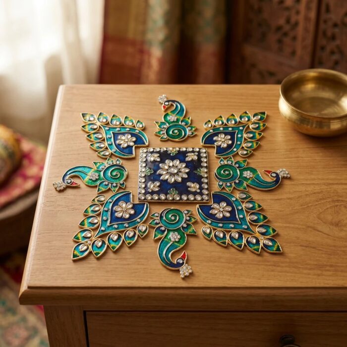 Separate peacock-inspired metal rangoli pieces styled on a modern tabletop.