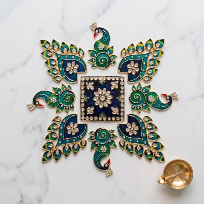 Decorative metal rangoli set for entryway, mantel, pooja room or festive table styling.