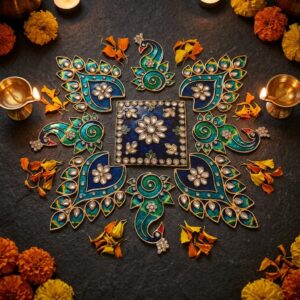 Reusable metal rangoli decoration with gold-tone details and kundan accents for this Diwali home decor | Kundan Metal Rangoli set