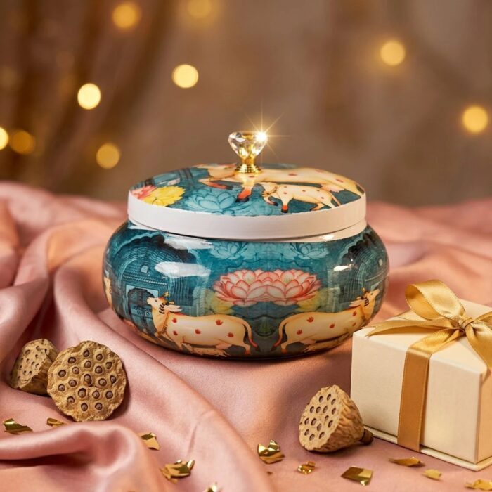 Pichwai art storage jar on coffee table | Indian home decor accen