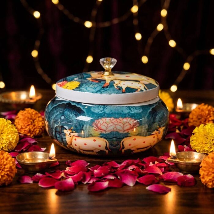 Decorative dry fruit jar with diyas and marigold | Diwali gift idea