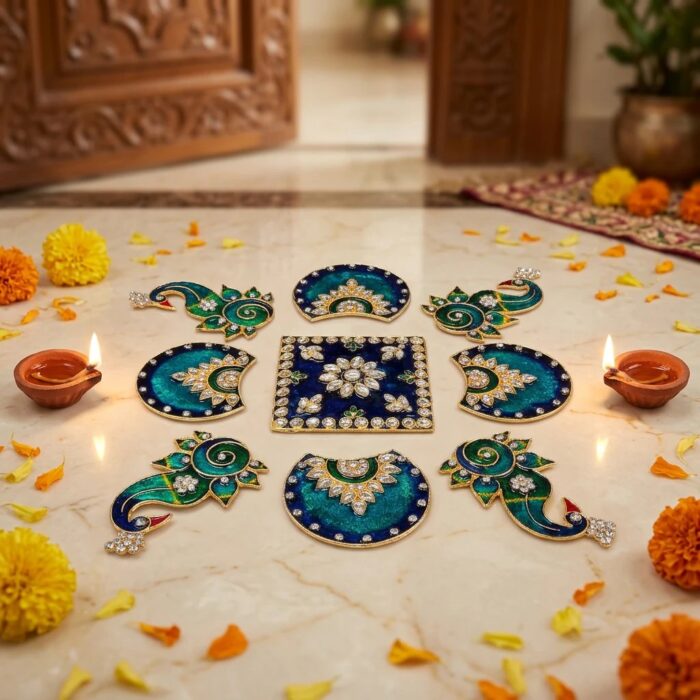 Peacock Metal Rangoli Set with Kundan stones - Image 4