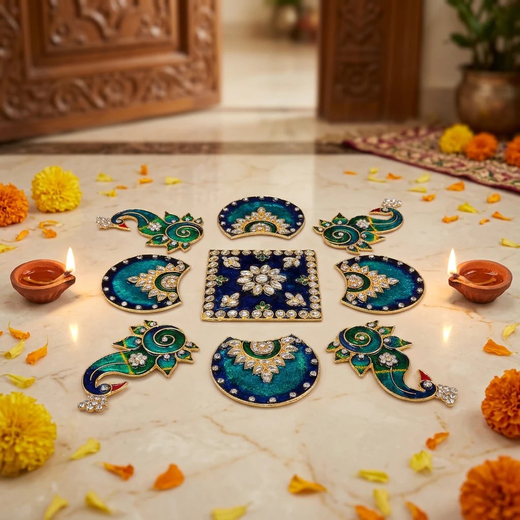 portfolio_rangoli_festive_home.webp Peacock Metal Rangoli Set with Kundan stones - Image 1