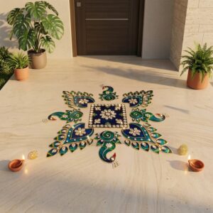 Decorative metal rangoli set for entryway, mantel, pooja room or festive table styling.