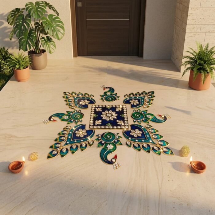 Decorative metal rangoli set for entryway, mantel, pooja room or festive table styling.