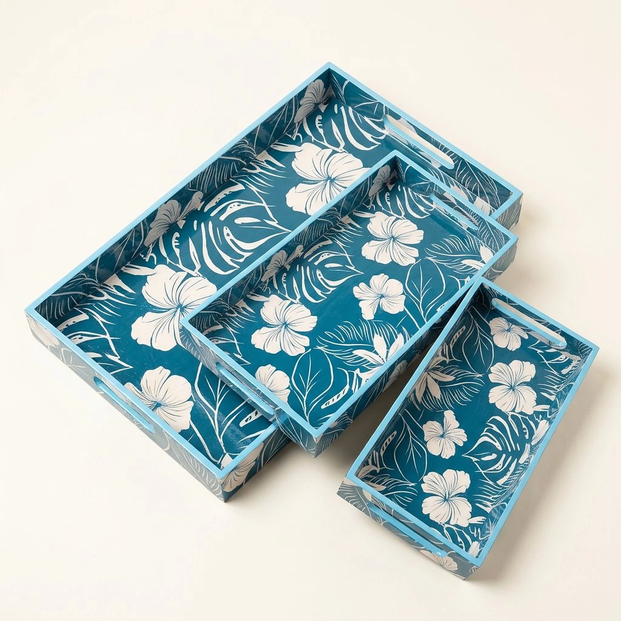 Decorative Coffee Table Tray Set for Home Stylish Wooden Serving Tray Set of 3 with High Gloss Finish