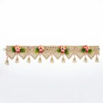 Blush rose mirror toran 40 inch full view — gold lace bandhanwar with pink peach roses, pearl point fringe and pearl tassels