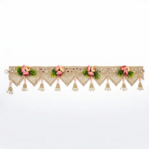 Blush rose mirror toran 40 inch full view — gold lace bandhanwar with pink peach roses, pearl point fringe and pearl tassels