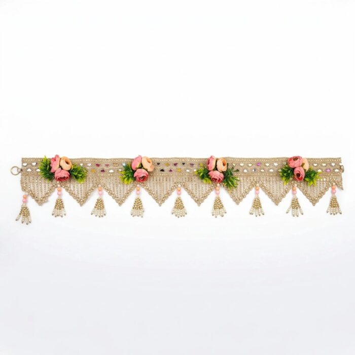 Blush rose mirror toran 40 inch full view — gold lace bandhanwar with pink peach roses, pearl point fringe and pearl tassels