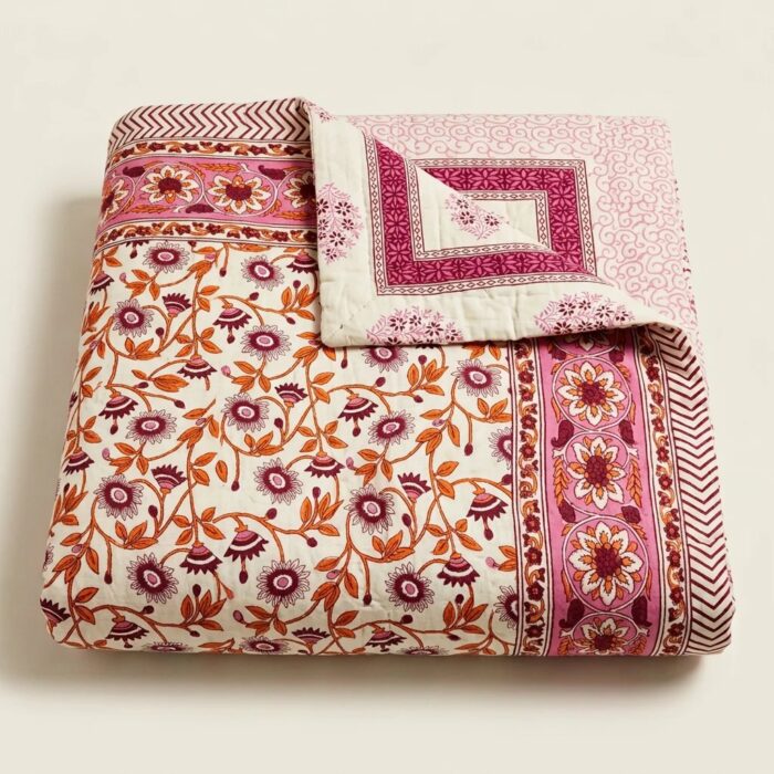 Handmade Jaipuri Cotton Reversible Quilt - Pink Floral Gulistan Rajai - Image 3