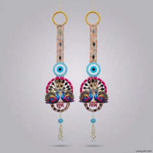 Pair of peacock Shubh Labh door hangings in turquoise, hot pink and gold zari with beaded evil eye and pearl latkans