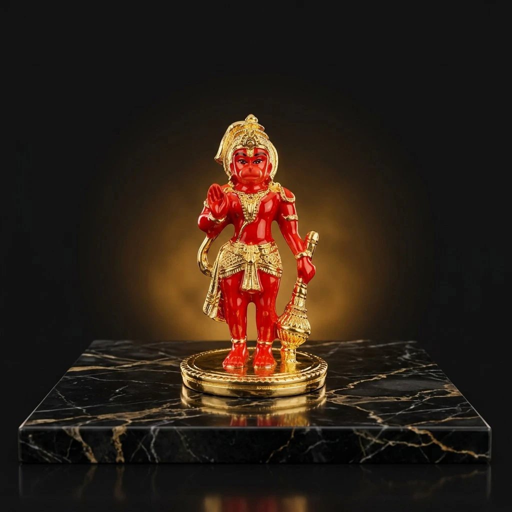 Gold plated Hanuman ji statue Hanuman idol on a glossy side table