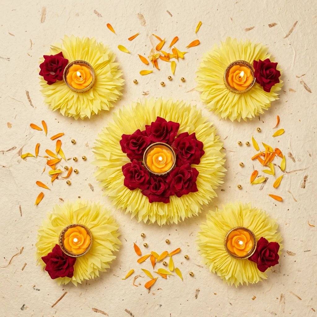 5 pc rangoli diya set Yellow flower rangoli diya set of 5 laid out as a rangoli, with a 7 inch maroon rose centrepiece and four 4 inch diyas holding lit rose tealight candles.