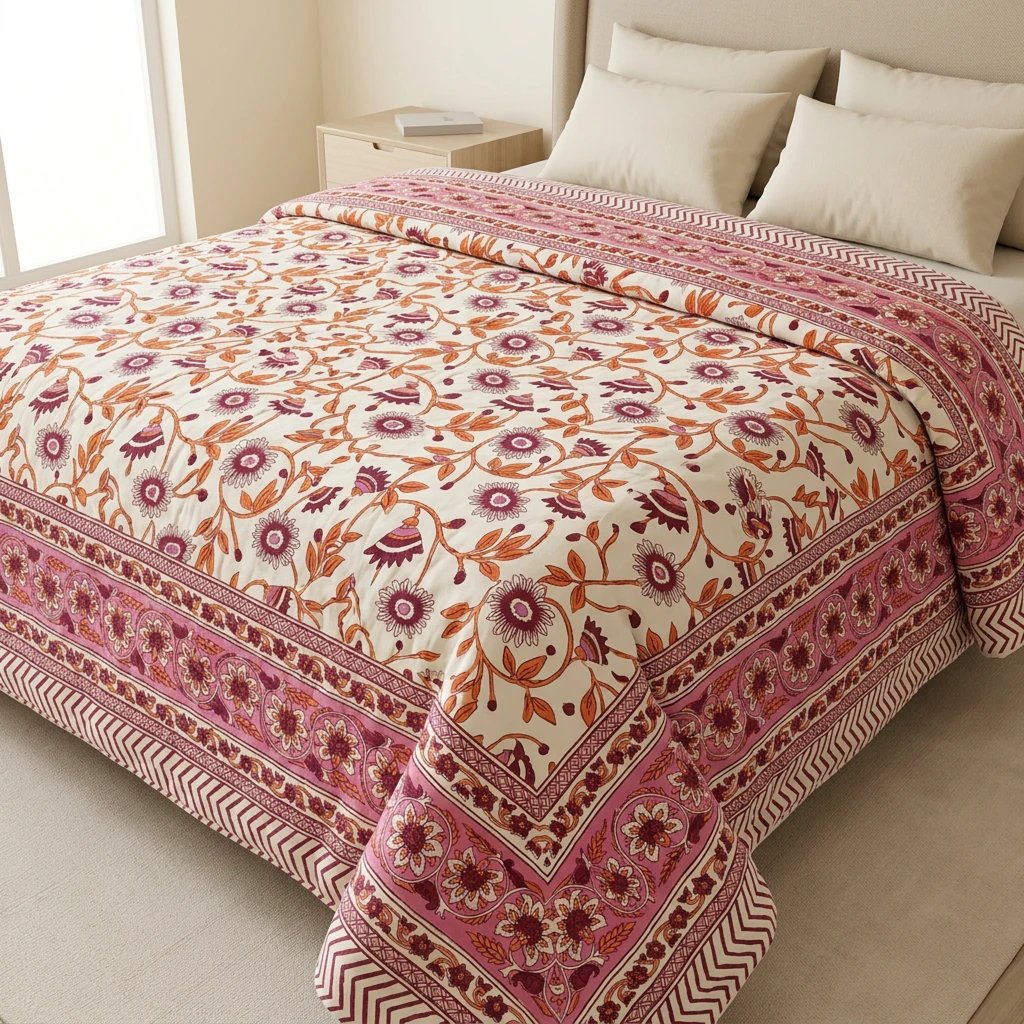 100% pure cotton Rajai - Quilt King size cotton quilt - Jaipuri block printed cotton quilt