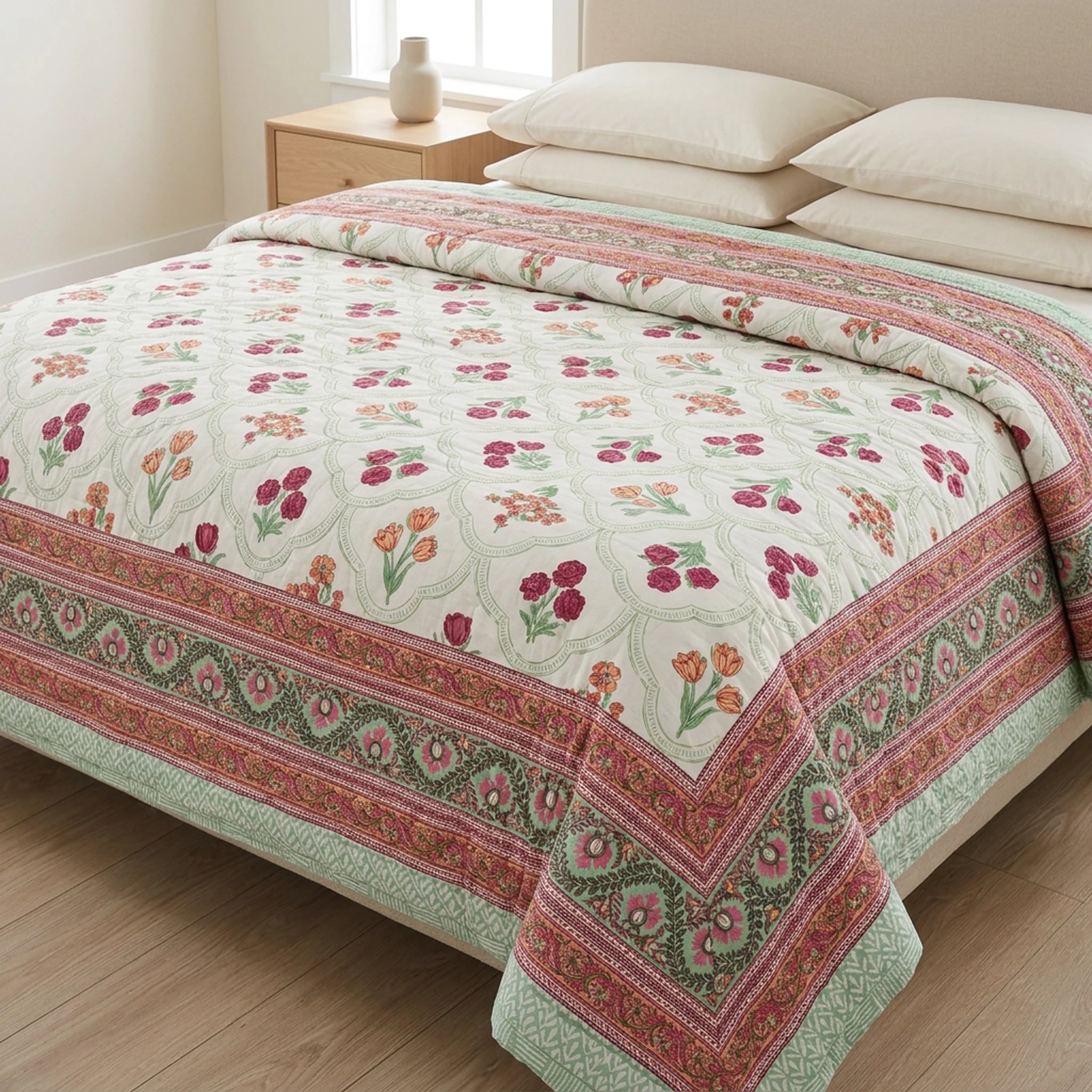 02_floral_print_king_bed (1).webp Handmade Jaipuri Cotton Reversible Quilt - Floral Gulistan Rajai - Image 1