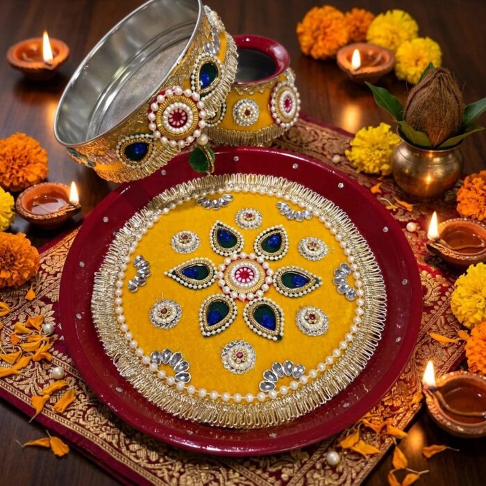 Decorated Karwa Chauth Thali Set with Lota & Channi - Image 5