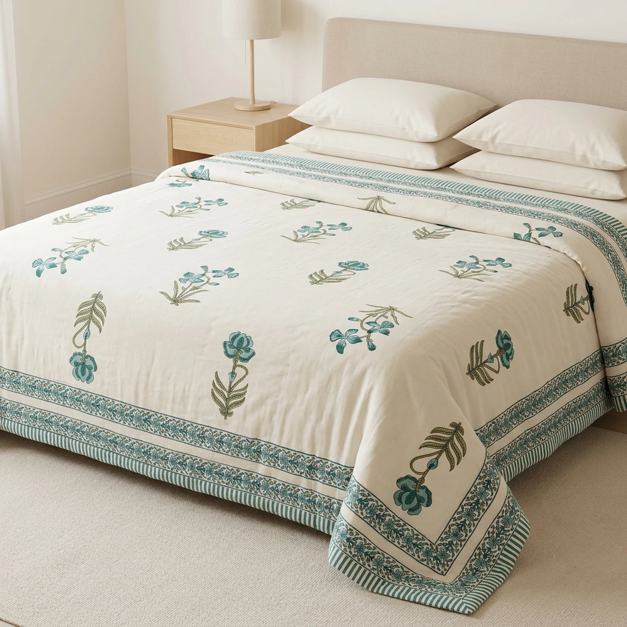 03_spaced_print_king_bed.webp Handmade Jaipuri Cotton Reversible Quilt - Green Floral Gulistan Rajai - Image 1