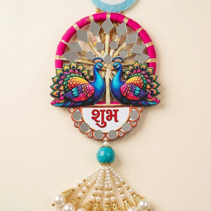Close up of the colorful peacock on the shubh labh
