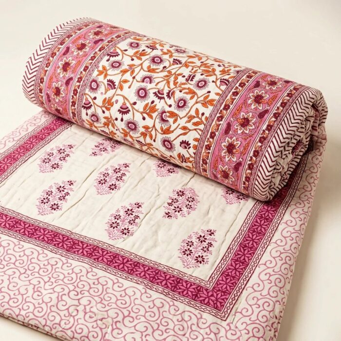 Handmade Jaipuri Cotton Reversible Quilt - Pink Floral Gulistan Rajai - Image 4