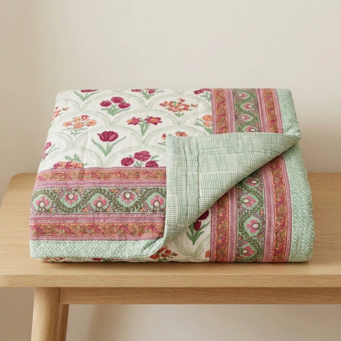 Handmade Jaipuri Cotton Reversible Quilt - Floral Gulistan Rajai - Image 4