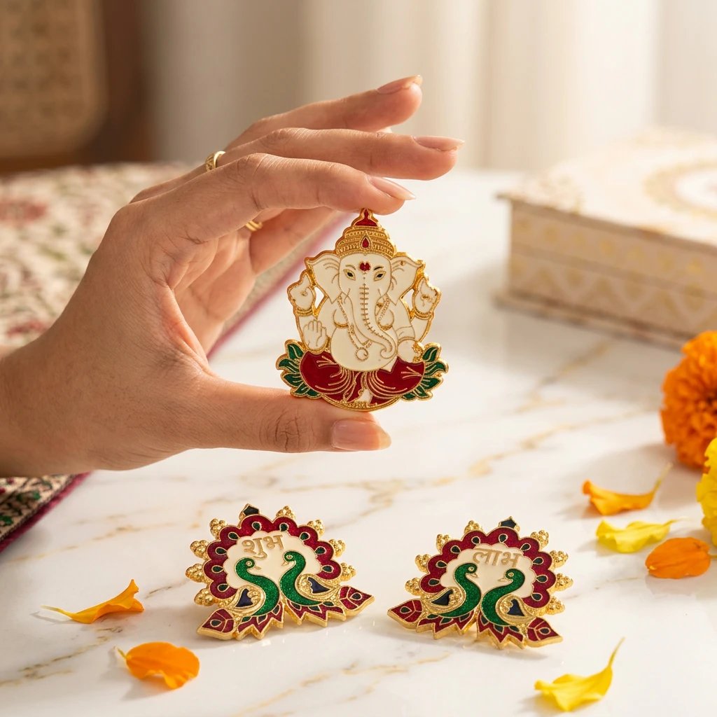 3 Piece Shubh Labh set Shubh Labh with Peacock and Ganesh - Red