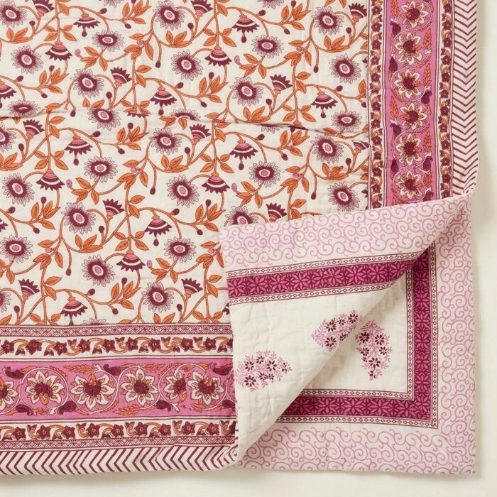 Handmade Jaipuri Cotton Reversible Quilt - Pink Floral Gulistan Rajai - Image 5