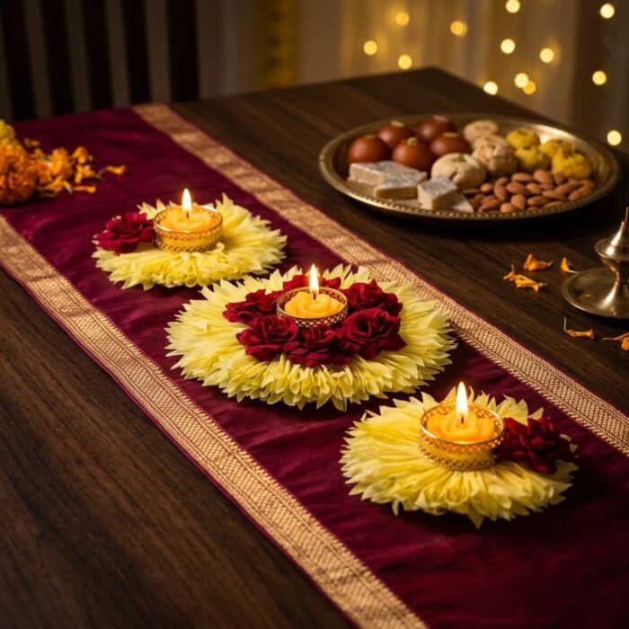 Flower rangoli diya set styled along a maroon and gold table runner with a mithai thali and fairy lights for a Diwali dinner at home.