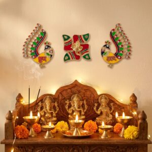 Auspicious Shubh labh on peacocks with Swastik symbol for Diwali on a Home Mandir